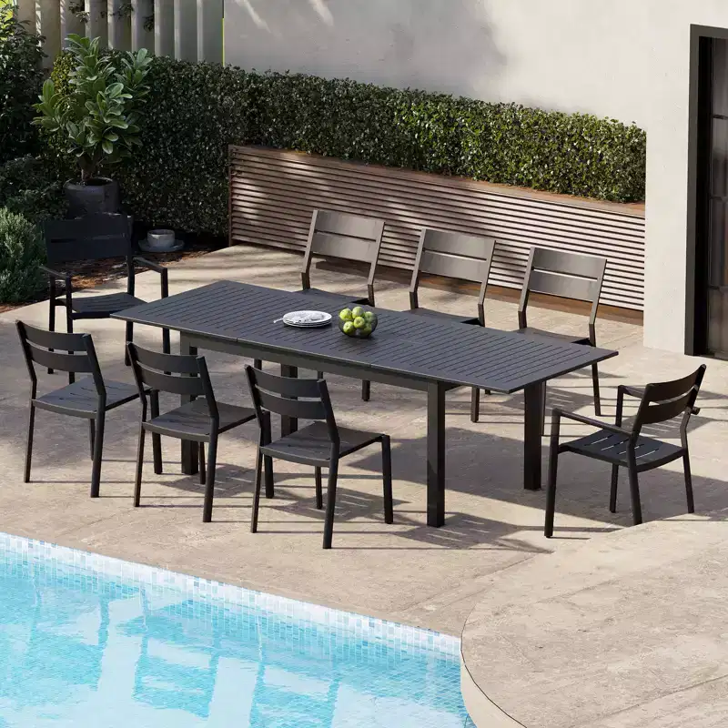 Crestlive Products 9pc Aluminum Patio Dinning Set 94.5in Table and 8 Chairs Aluminum Top Black for Outdoor Pool Lawn