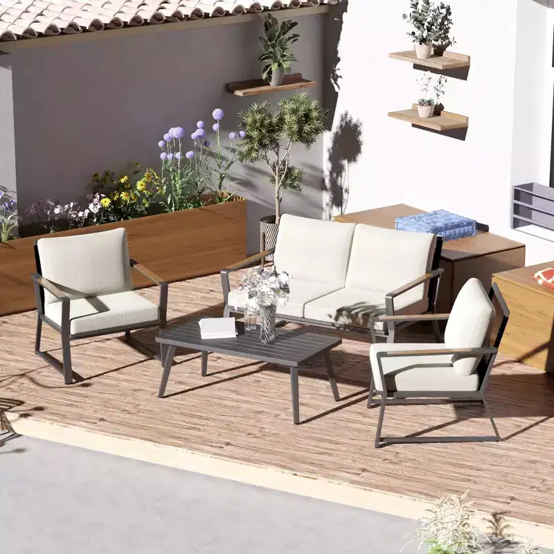 Outsunny 4 Piece Patio Furniture Set, Aluminum Conversation Set, Outdoor Garden Sofa Set with Armchairs, Loveseat, Center Coffee Table and Cushions