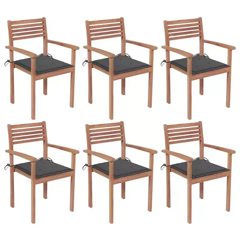 vidaXL - Set of 6 Stackable Patio Chairs with Cushions - Solid Teak Wood, Durable and Weather-Resistant, Ideal for Home, Office, Bar or Cafe