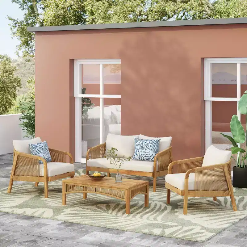 Christopher Knight Home Allerton Outdoor Acacia Wood and Wicker 4 Seater Chat Set with Cushions, Teak and Beige