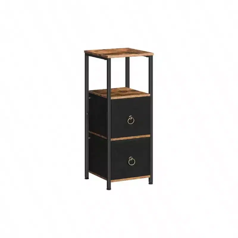 Corner Cabinet, 4 - Tier Shelf Stand with 2 Drawers, Narrow Storage Cabinet, Rustic Brown and Black, Bathroom Living Room Floor Cabinet