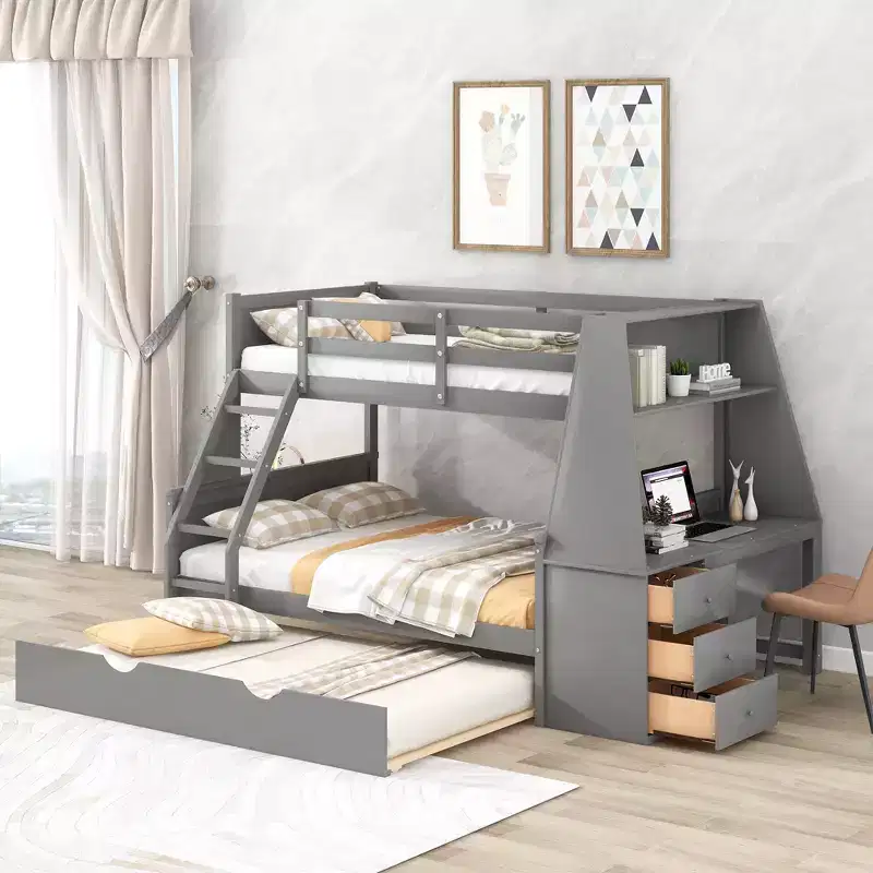 Twin over Full Multifunction Bunk Bed with Trundle & 3 Drawers Loft Bed with Built-in Desk & Shelf Pine Wood for Kids Teens, Easy Assemble