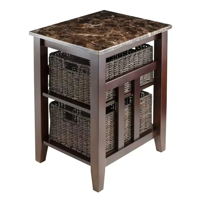 Zoey Side Table Faux Marble Top with Baskets Walnut/Chocolate
