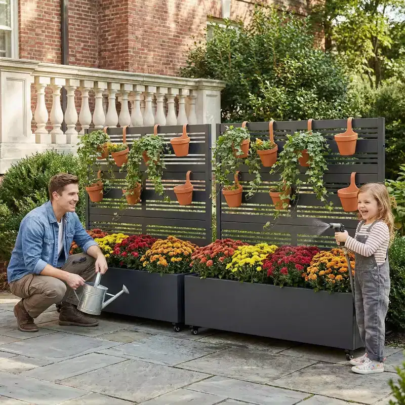 MAYEERTY Black Wrought Iron Planter with Trellis (Harold B Louvered), 47x47x16, 3-Piece Double-Sided Garden Planter