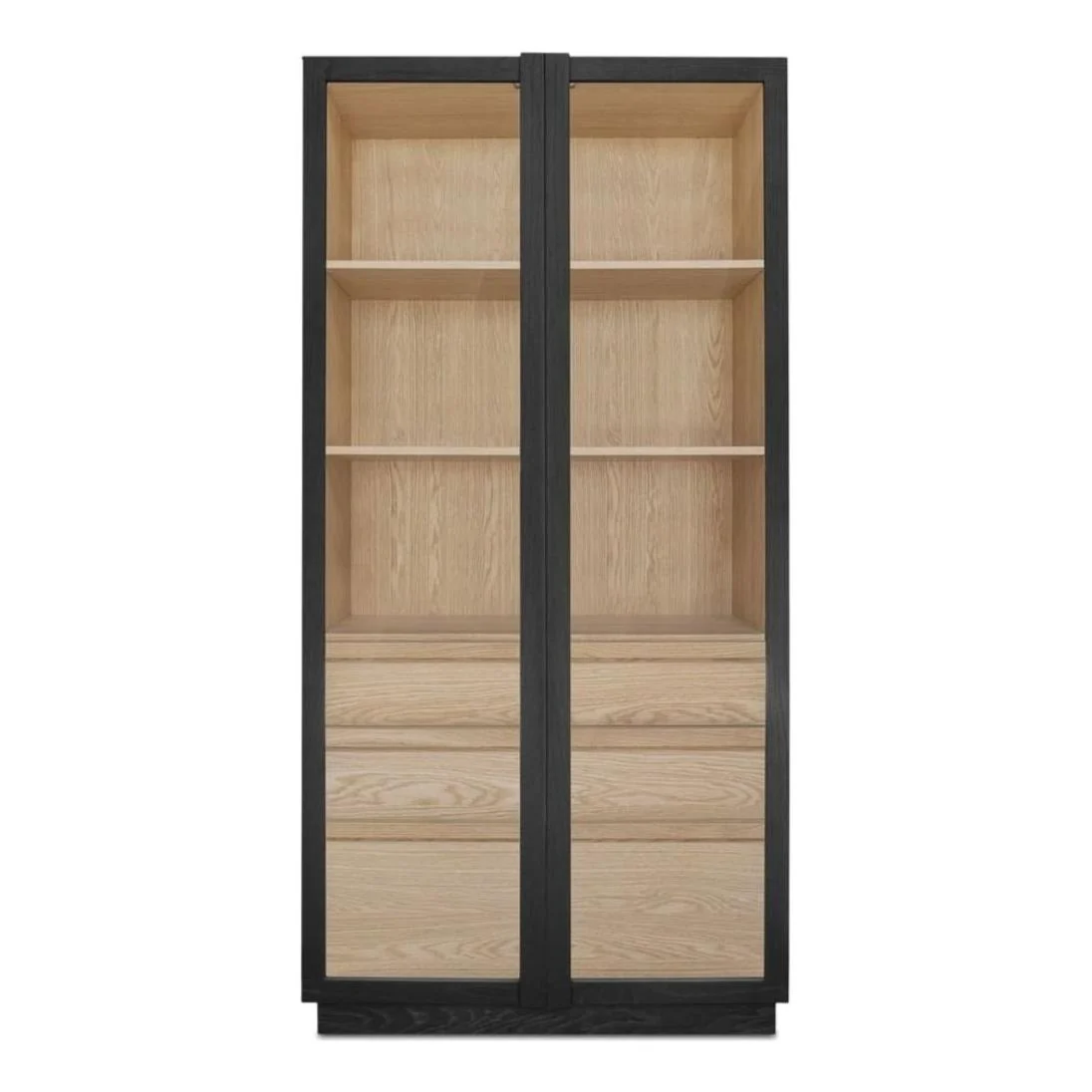 Two-Tone Solid Ash & Tempered Glass Tall Cabinet with French Cleat Handles & Adjustable Shelf for Living Room