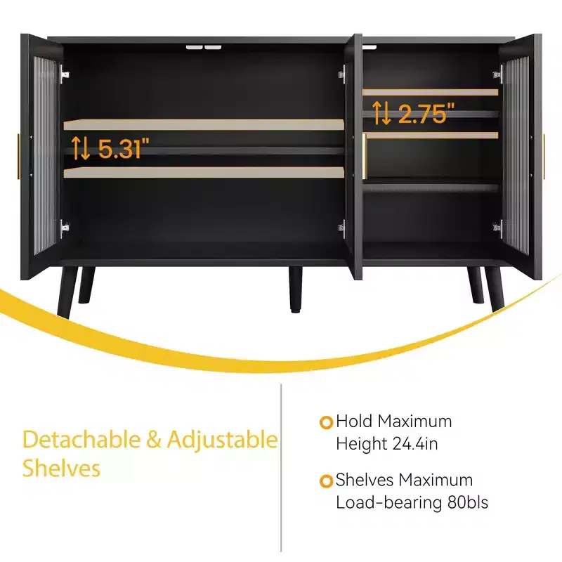 48 in Large Black Sideboard Cabinet with 3 Fluted Glass Doors for Kitchen, Dining and Living Room