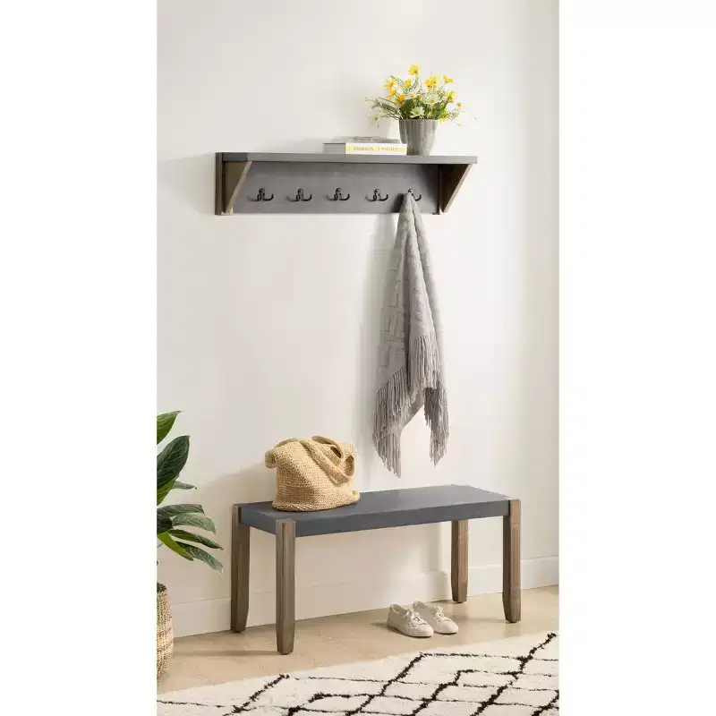 40" Davenport Coat Hook with Shelf and Faux Concrete Bench Set Light Amber - Alaterre Furniture: Rustic Industrial Entryway Storage