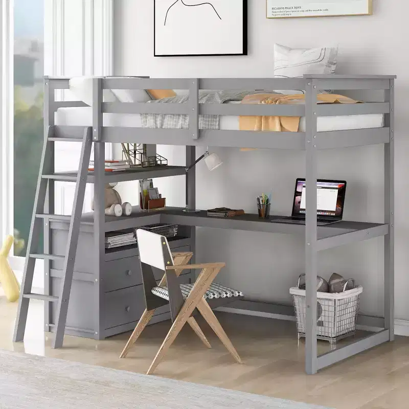 Twin/Full Size Loft Bed with Desk and Shelves, Pine Wood Loft Bed Frame with Two Built-in Drawers - ModernLuxe