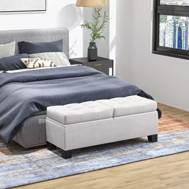 46 Storage Ottoman Bench, Upholstered End of Bed Bench with Steel Frame, Button Tufted Storage Bench with Safety Hinges for Living Room, Entryway