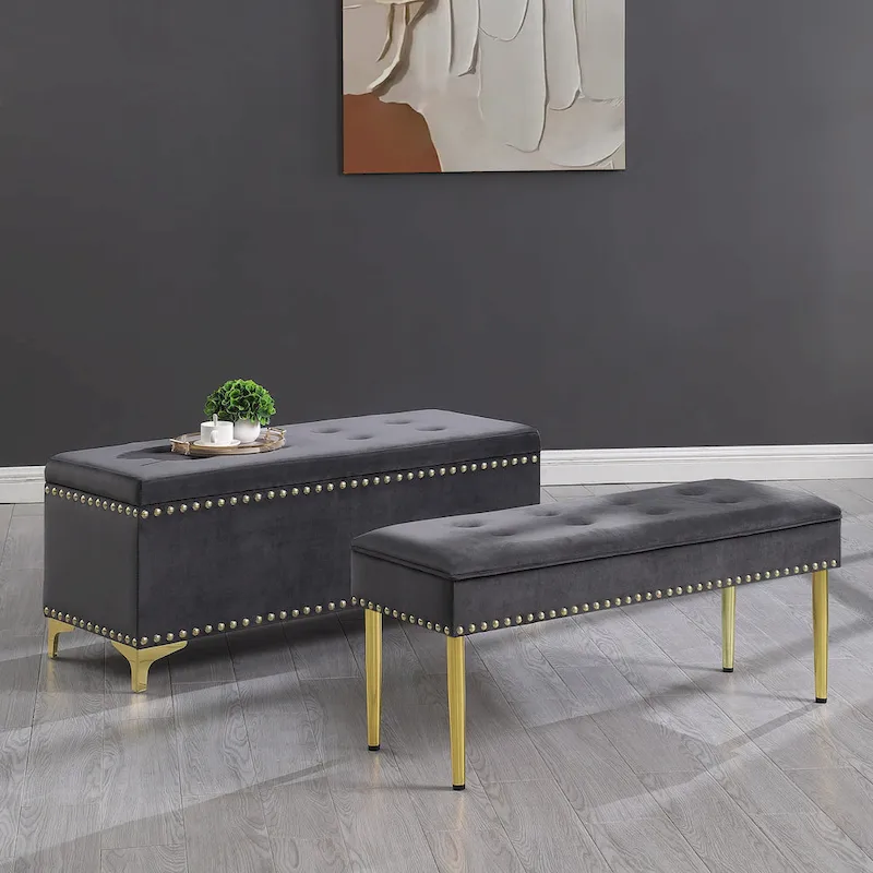 2 in 1 Combination Tufted Velvet Benches Set with Gold Leg and Nailhead Trim