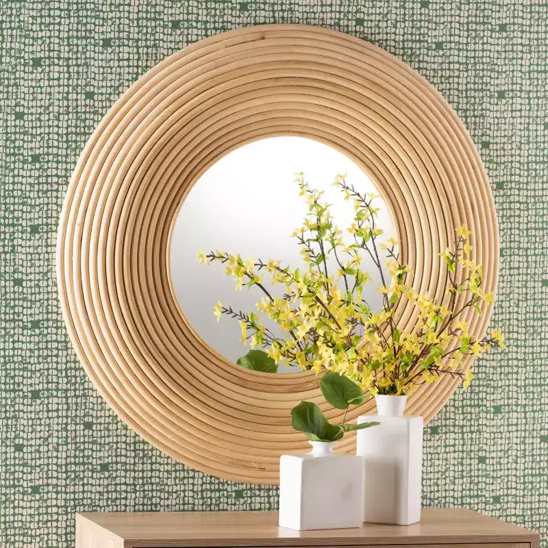 Round Rattan Accent Wall Mirror, Natural Brown, Modern Bohemian Style