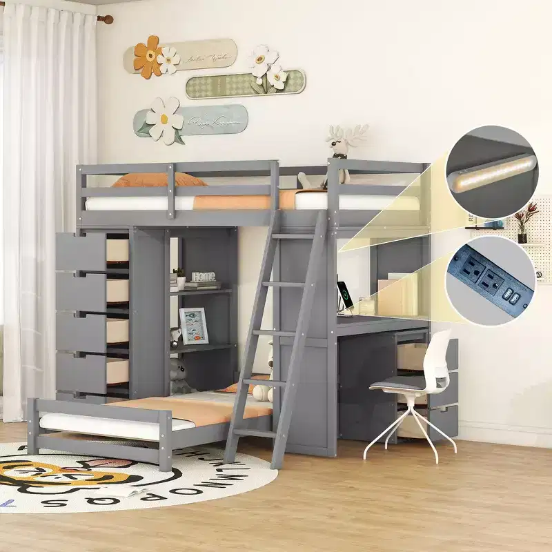 Twin over twin Bunk Bed with Drawers, Shelves, Desk, LED Light and Charging Ports