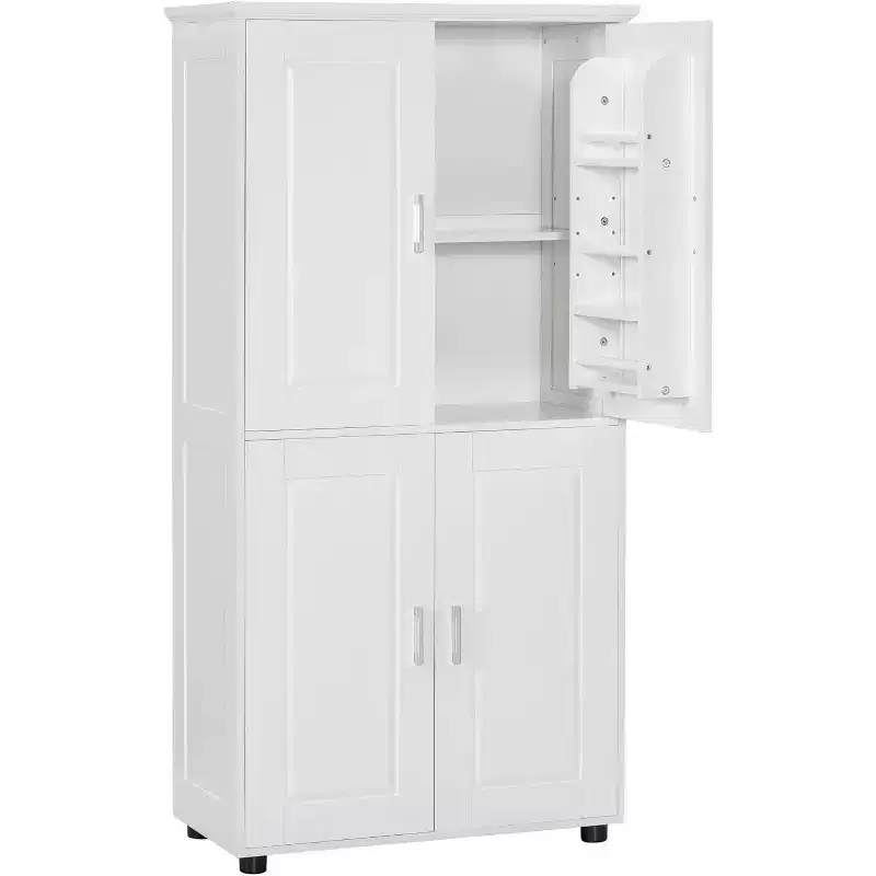 Tall and wide bathroom floor storage cabinet, freestanding unit with 4 doors, adjustable shelves, bathroom storage cabinet white