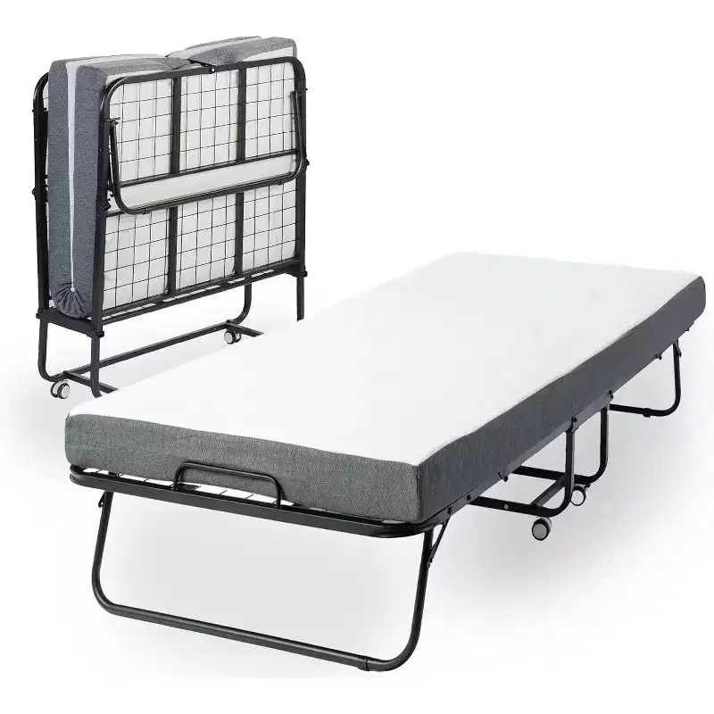 FurnitureR Folding Bed with 5-Inch Memory Foam Mattress  75x30 Narrow Twin Rollaway Bed Frame with Wheels, Fold Up, Sturdy Metal Construction