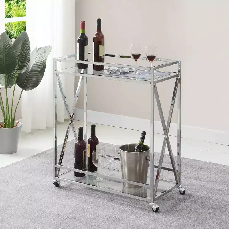 Breighton Home Oxford Chrome Glass Bar Cart with Shelf Glass/Chrome: Contemporary Style, Wheeled, Metal Frame