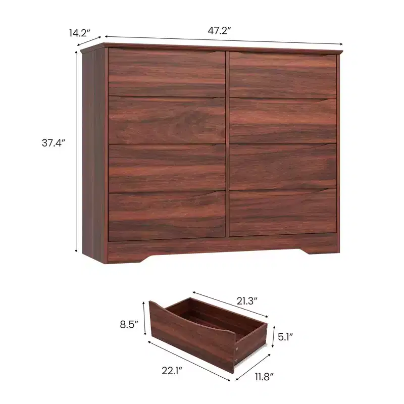 Wooden Dresser with 8 Drawers, Tall Modern Closet with Deep Storage,Wood Mid Century Dressers with Wide Top for Bedroom, Living Room