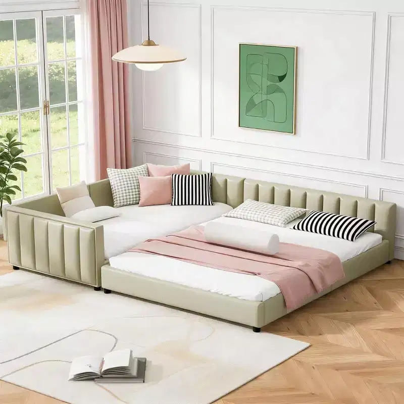 Luxystar Queen & Twin XL Upholstered Mother Child Bed Set, Convertible Daybed with PU Leather and Safety Rail
