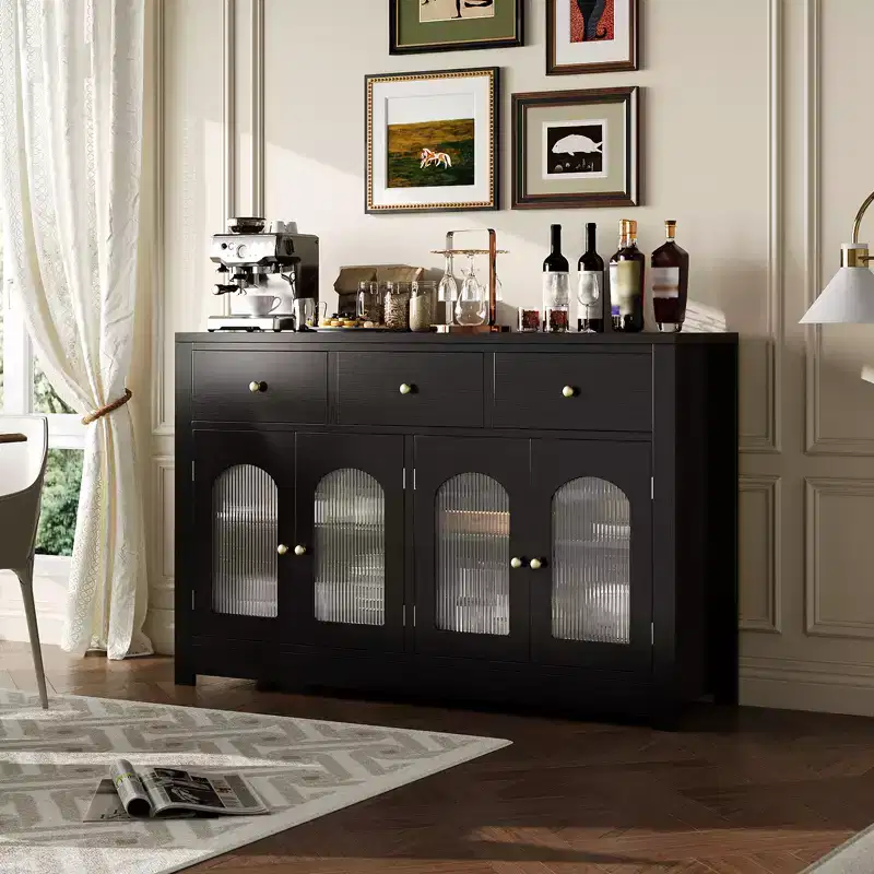 Farmhouse Sideboard Buffet Cabinet 55''  3 Drawers & 4 Doors, Adjustable Shelves, Wine Storage, Versatile for Kitchen, Dining or Living Room