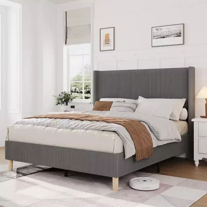 Acekool Full Size Upholstered Bed Frame, Corduroy Platform with Vertical Channel Tufted Wingback Headboard, Wood Slats, No Box Spring, Grey
