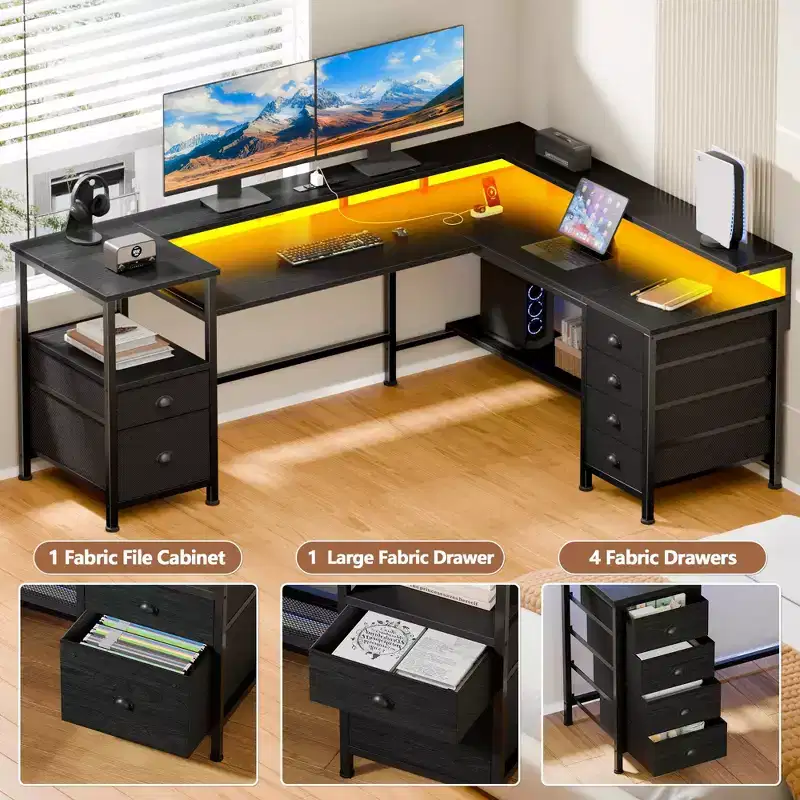 Black L-Shaped 2-Person Desk with LED Lights & Storage, 66.5