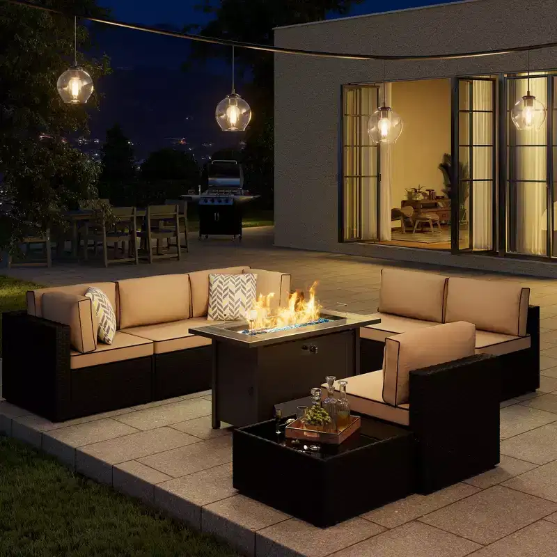 Celebalcony 8-Piece Black Frame Outdoor Patio Sectional Seating Group with Fire Pit Table