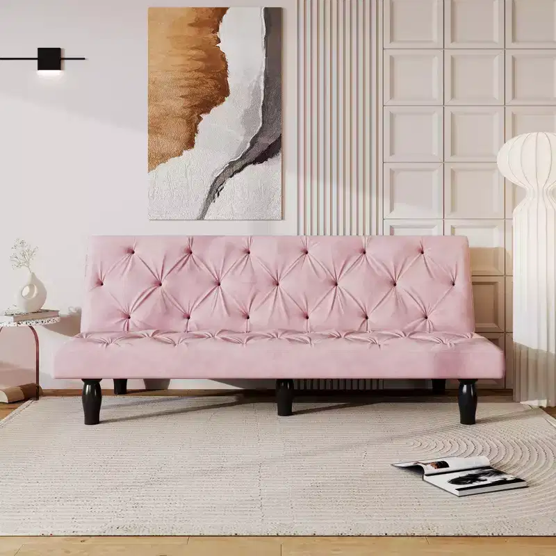 Velvet Transformation Sofa Bed for Family Living Room Apartment Bedroom Pink
