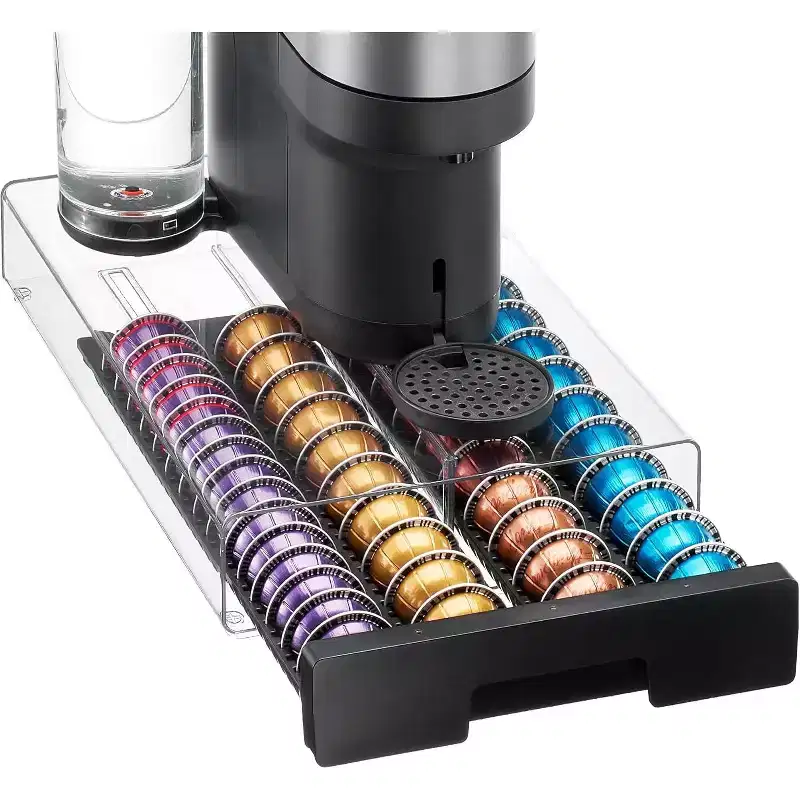 Acrylic Clear Coffee Pod Drawer Organizer for Nespresso Vertuo Pods, Holds 40 Large or 60 Small Capsules