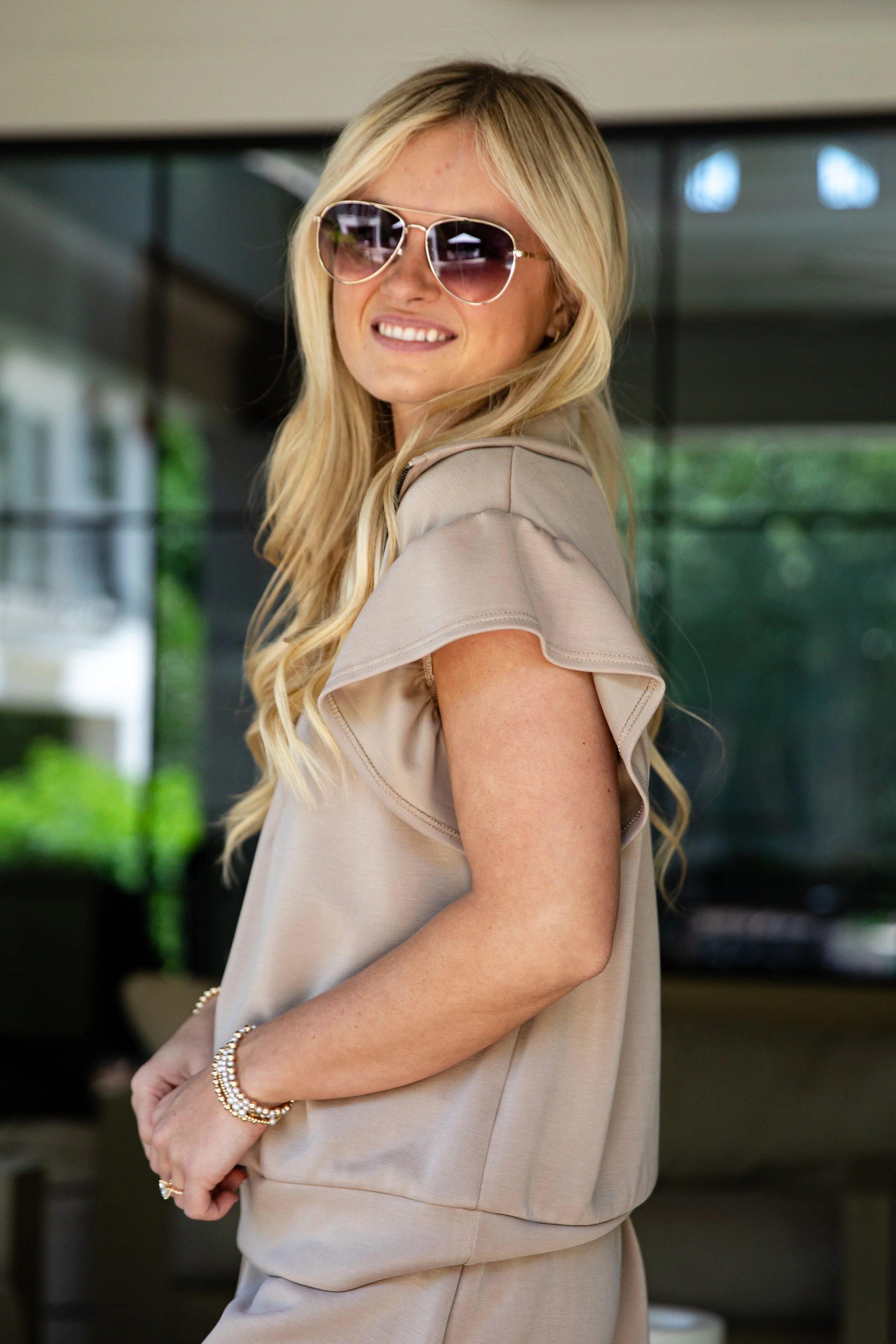 Taupe Half Zip Flutter Sleeve Knit Top
