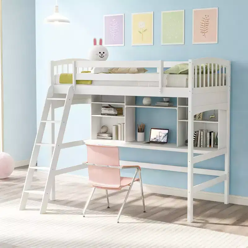 Luxystar Modern Twin Loft Bed with Desk, Storage Shelves and Adjustable Ladder