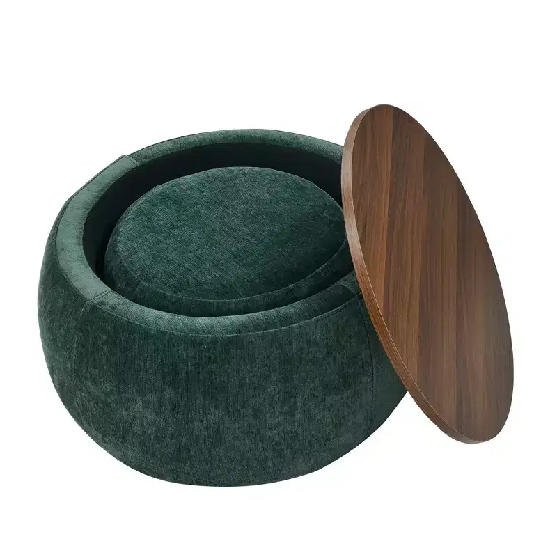 Homy Casa Round Storage Ottoman Set with Removable Wood Tray Top and Footstool, for Living Room & Bedroom
