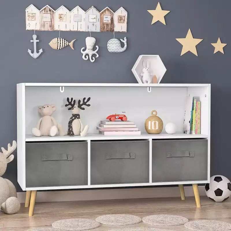 4-Cubby Kids Bookshelf with Fabric Drawers, Grey/Pink, for Ages 3–10