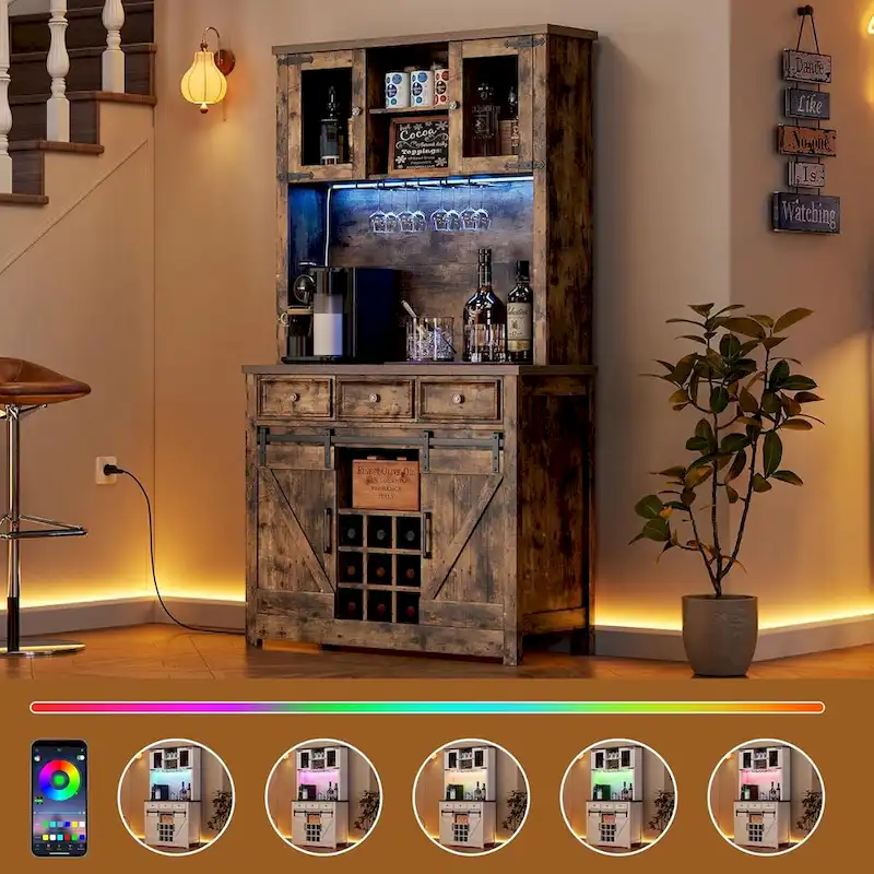 Modern Farmhouse Coffee Bar Cabinet with LED Lights & Power Outlets, Kitchen Cabinet