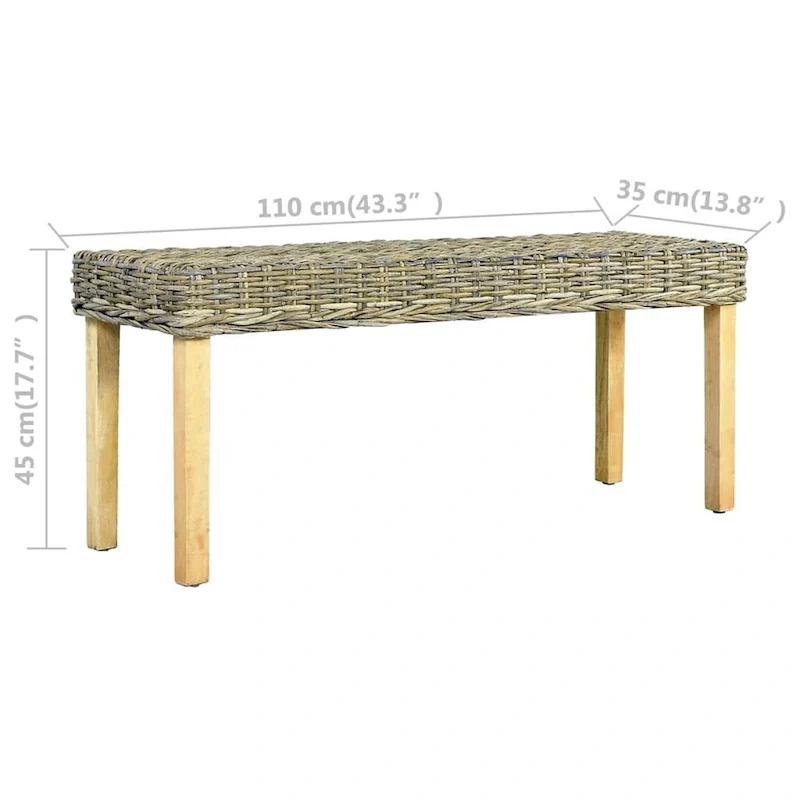 Rattan Bench with Mango Wood Legs, 43.3