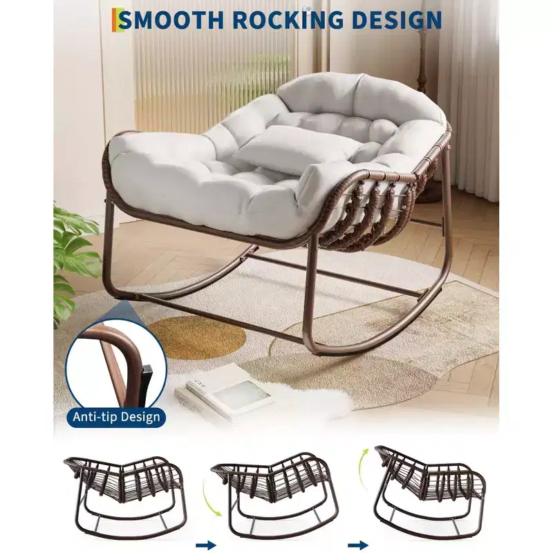 Outdoor Papasan Rocking Chair with Cushion, Wicker and Metal Frame Lounge Rocker for Patio, Porch, or Living Room, 350lb Capacity