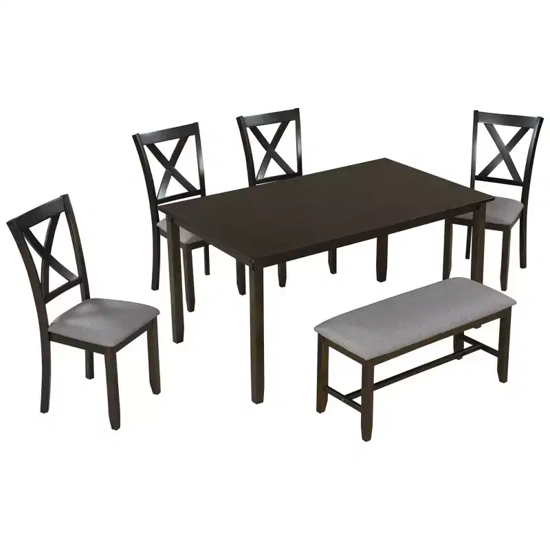 Whisen 6-Piece Wooden Rectangular Kitchen Dining Table Set with 4 Fabric Chairs and Bench