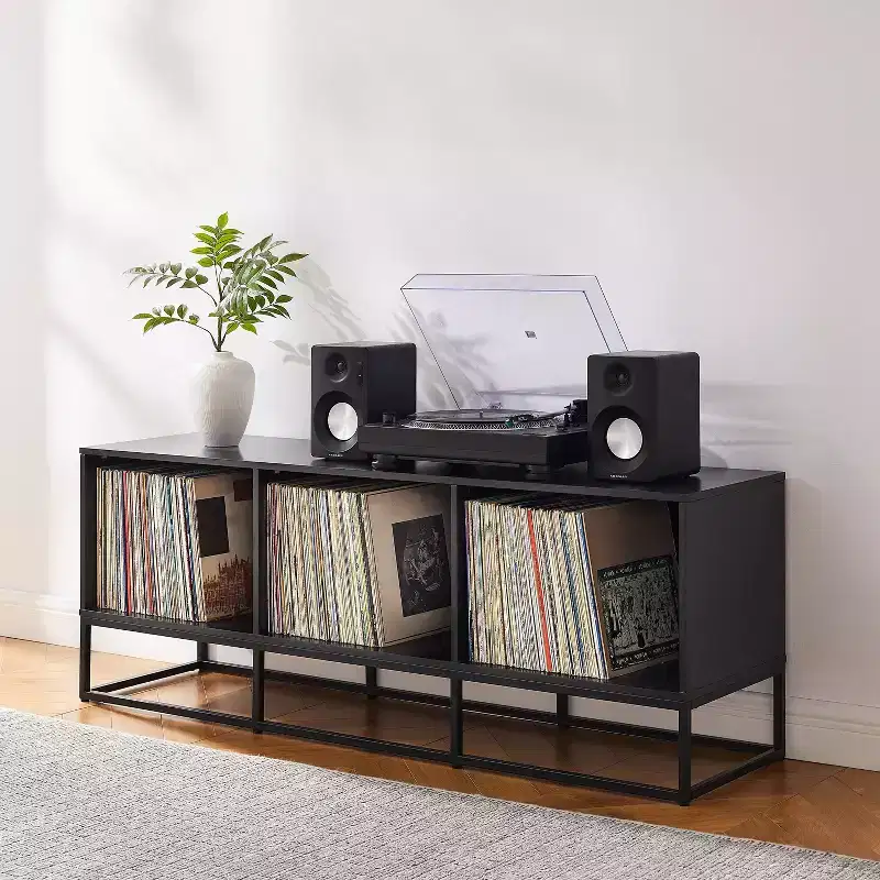 60" Large Record Storage Media Console Black: Modern Industrial Style, Melamine Veneer, Steel Legs