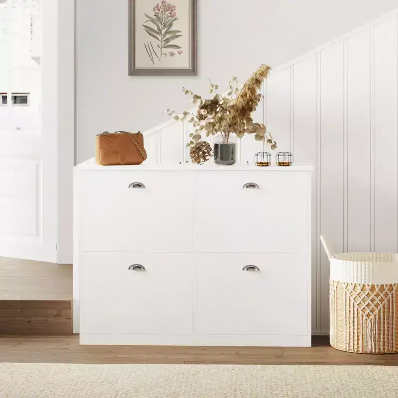 Okak Shoe Cabinet, Narrow Shoe Rack with 4 Drawers and Metal Handle, Shoe Storage for Entryway, Foyer, Hallway, Bedroom