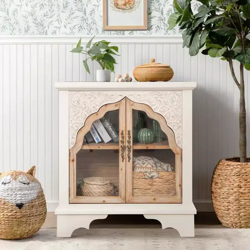 Vintage Hollow Carved 2-Door Wood Storage Cabinet for Kitchen, Entryway & Living Room