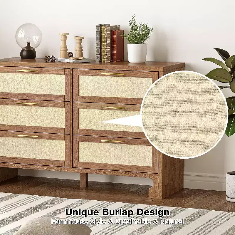 COZONY 6 Drawer Double Dresser with Burlap Design, Wooden Chest with Gold Handles