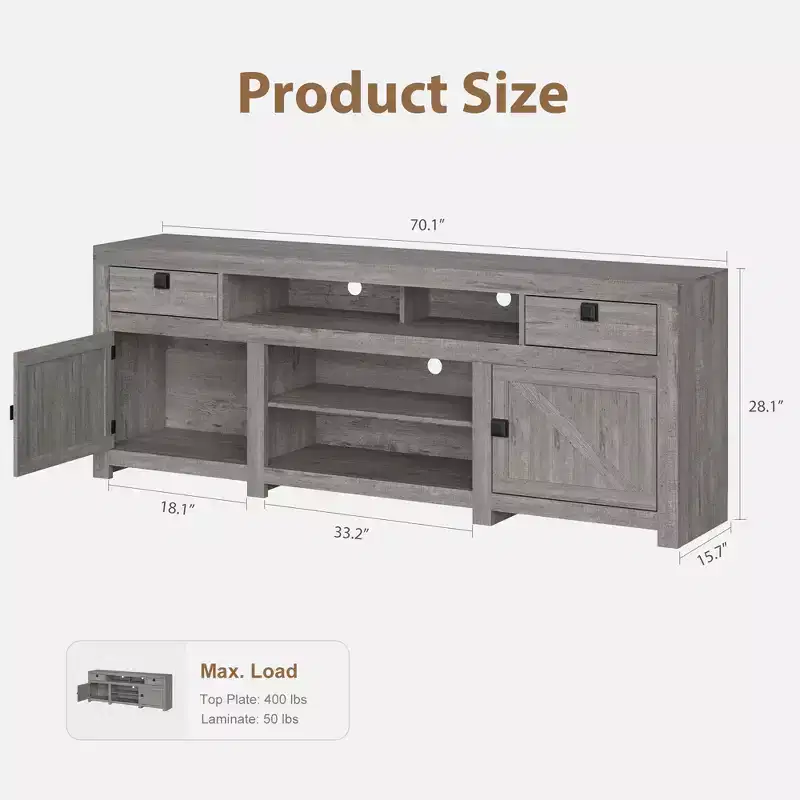 70.1 Farmhouse TV Stand, Media Console with Storage Drawers & Open Shelf for Living Room, Bedroom