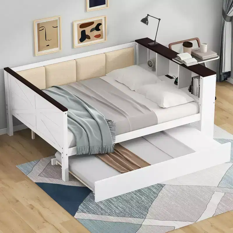 Twin Size Wood Daybed & Bed Frame with Storage Shelves, Upholstered Backrest and Trundle