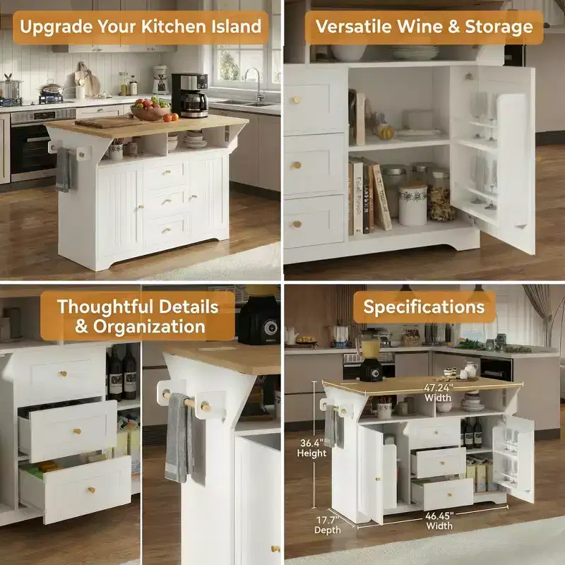 Rolling Kitchen Island with Power Outlet, Spice Rack & 2 Drop Leaf
