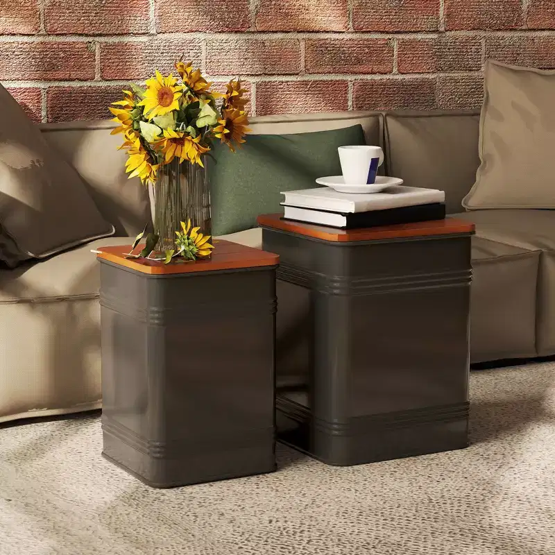 Ottoman with Storage Set of 2, Industrial Nesting Ottoman Stool with Removable Lid, Metal Frame for Living Room