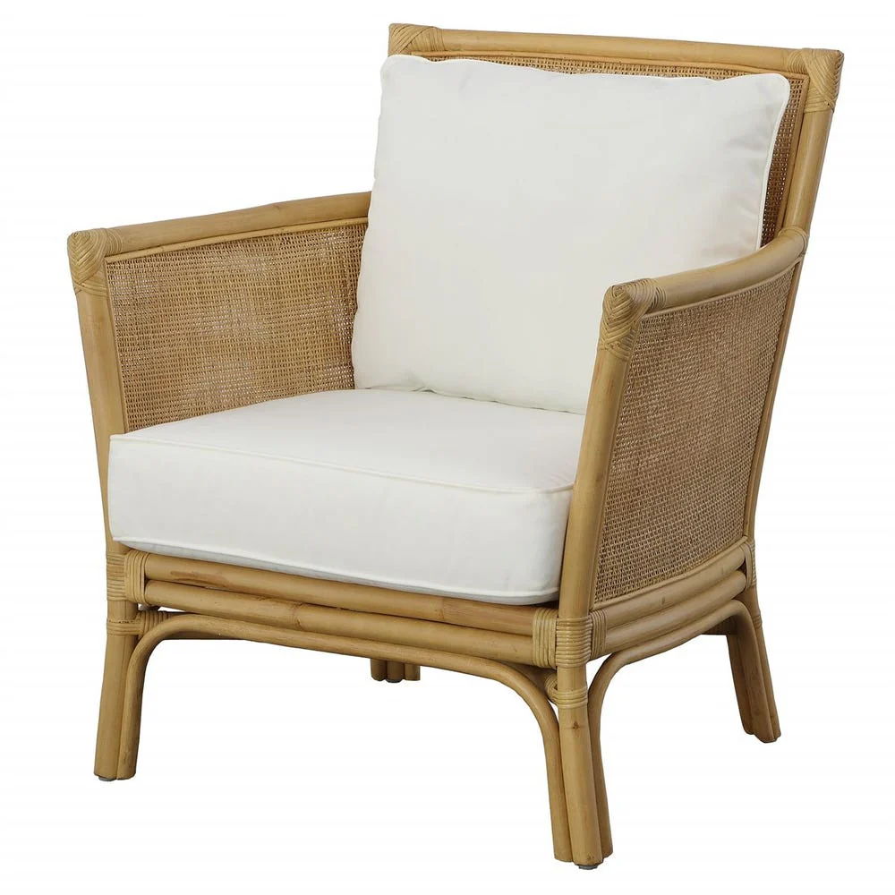 Natural Woven Rattan Coastal Accent Armchair White Cushions