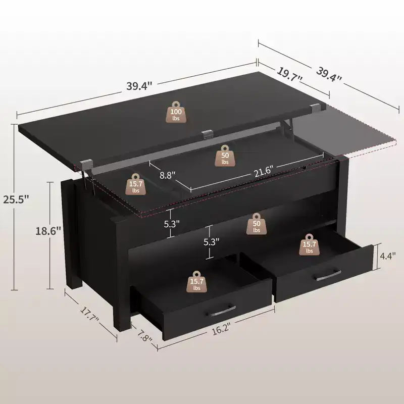 40 Coffee Table,Coffee Table Lift Top with Drawers and Hidden Compartment,Converts to Home Office Table, Dining Table for Living Room