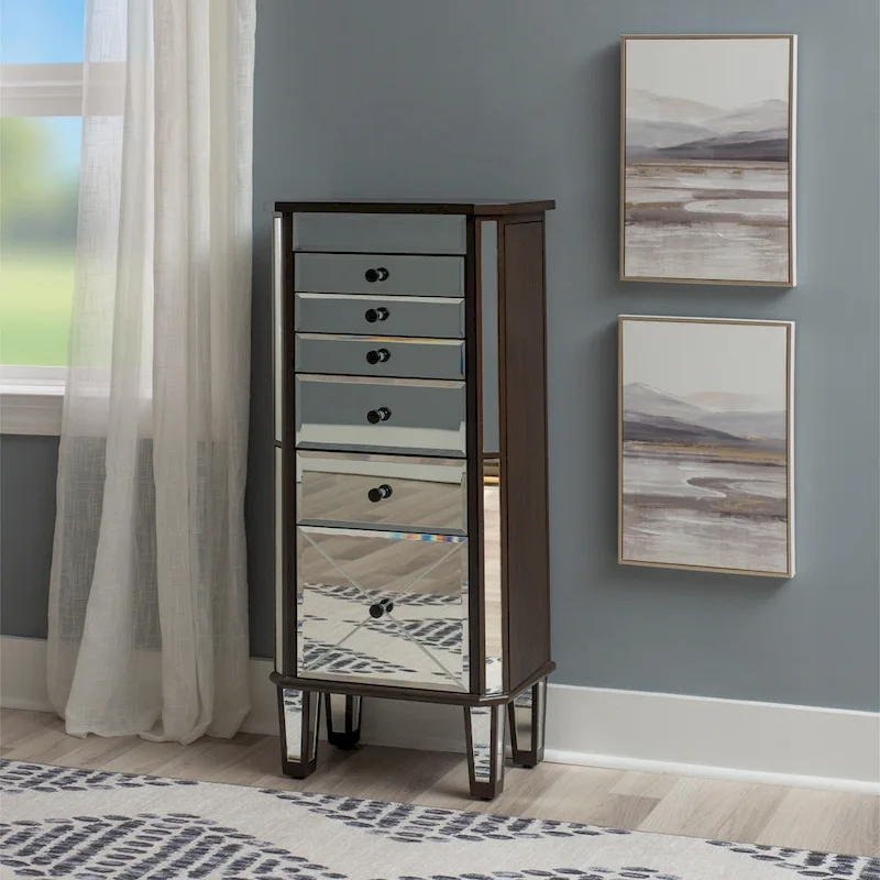 Mirrored Jewelry Armoire with Tapered Legs - 41 - Silver