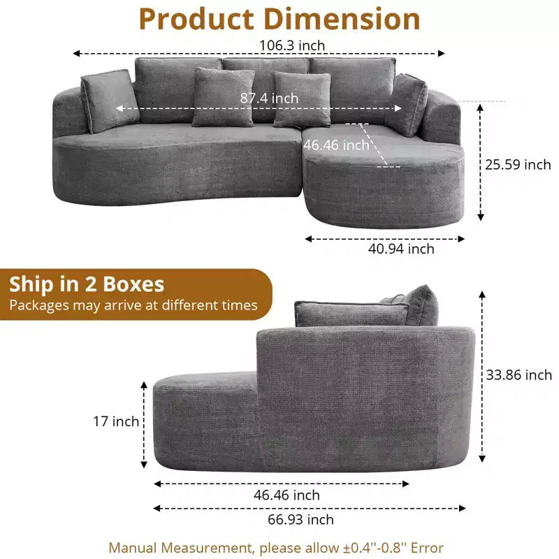 GustoWave 106 Modern Curved Sectional Cloud Sofa with Chaise Lounge, Modular Chenille Fabric Sleeper Couch, No Assembly Required