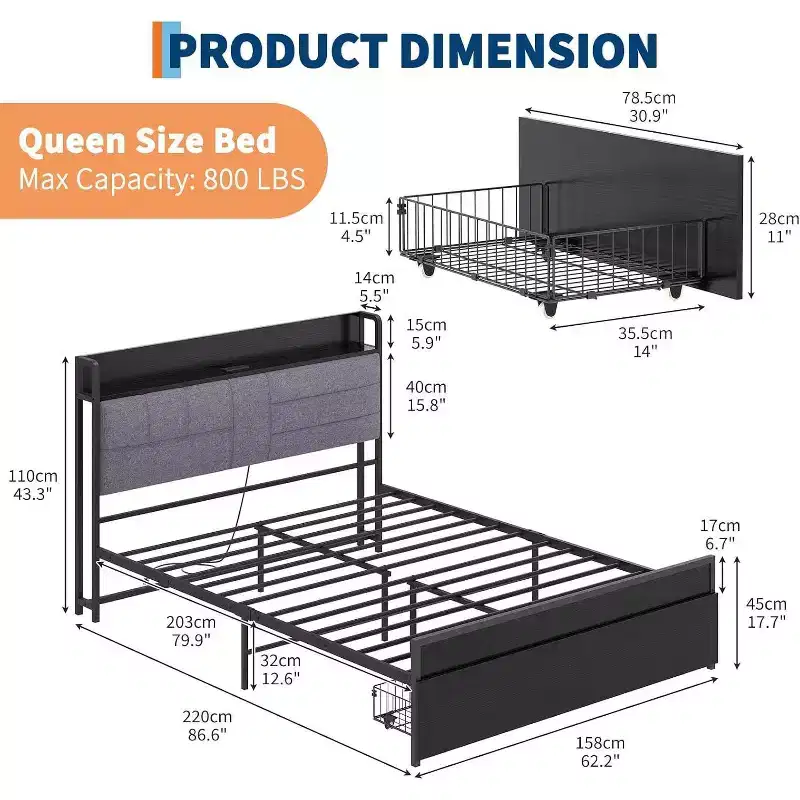 Acekool Queen Bed Frame with Storage Drawers, Upholstered Headboard, Metal Platform, Charging Station, 2-Tier Shelf, Black