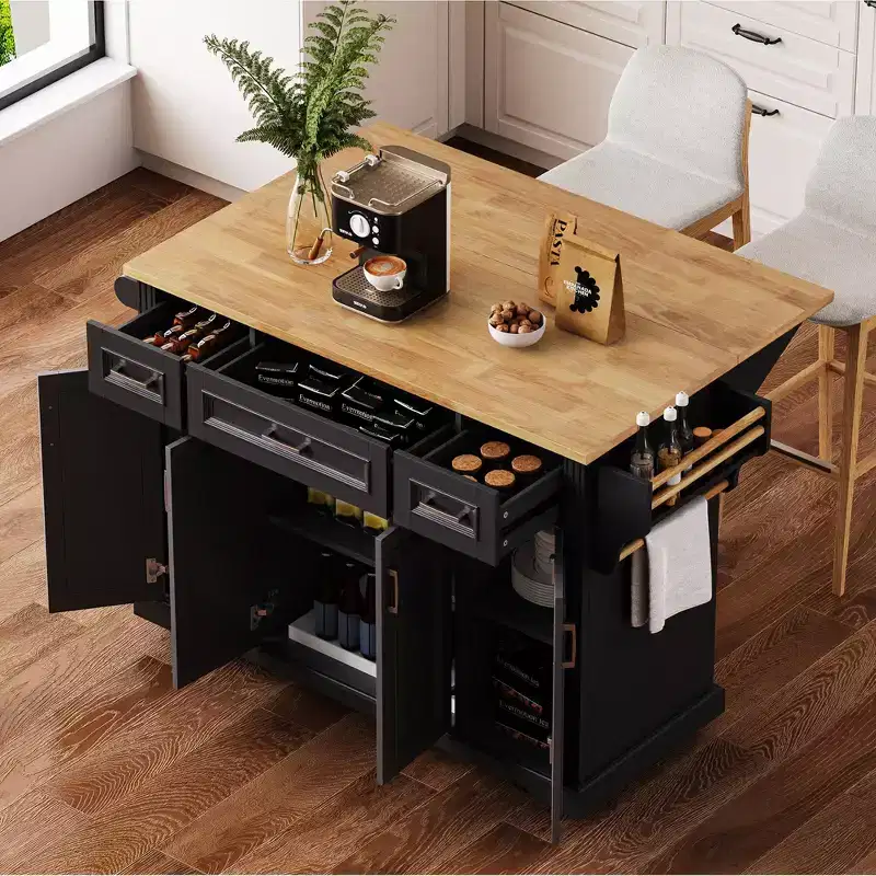 GDFStudio Gaius 54 Kitchen Island with Rubber Wood Drop Leaf, Wheels, 4 Doors and 3 Drawers