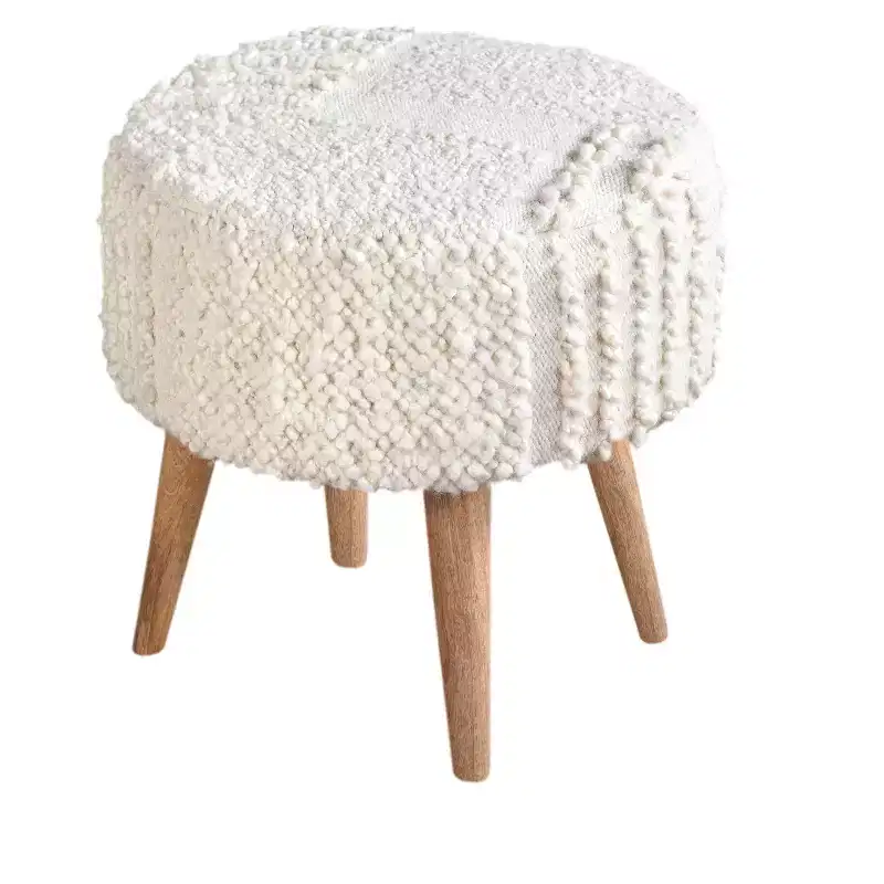 White Boucle Patchwork Handwoven Stool, 1-Person